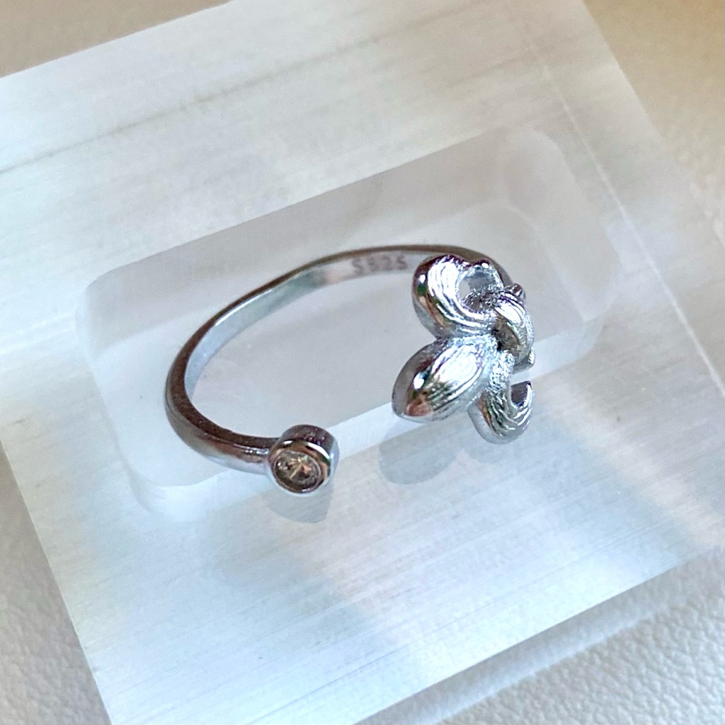 Silver Open Band Flower Ring With Cz Accent  Silver